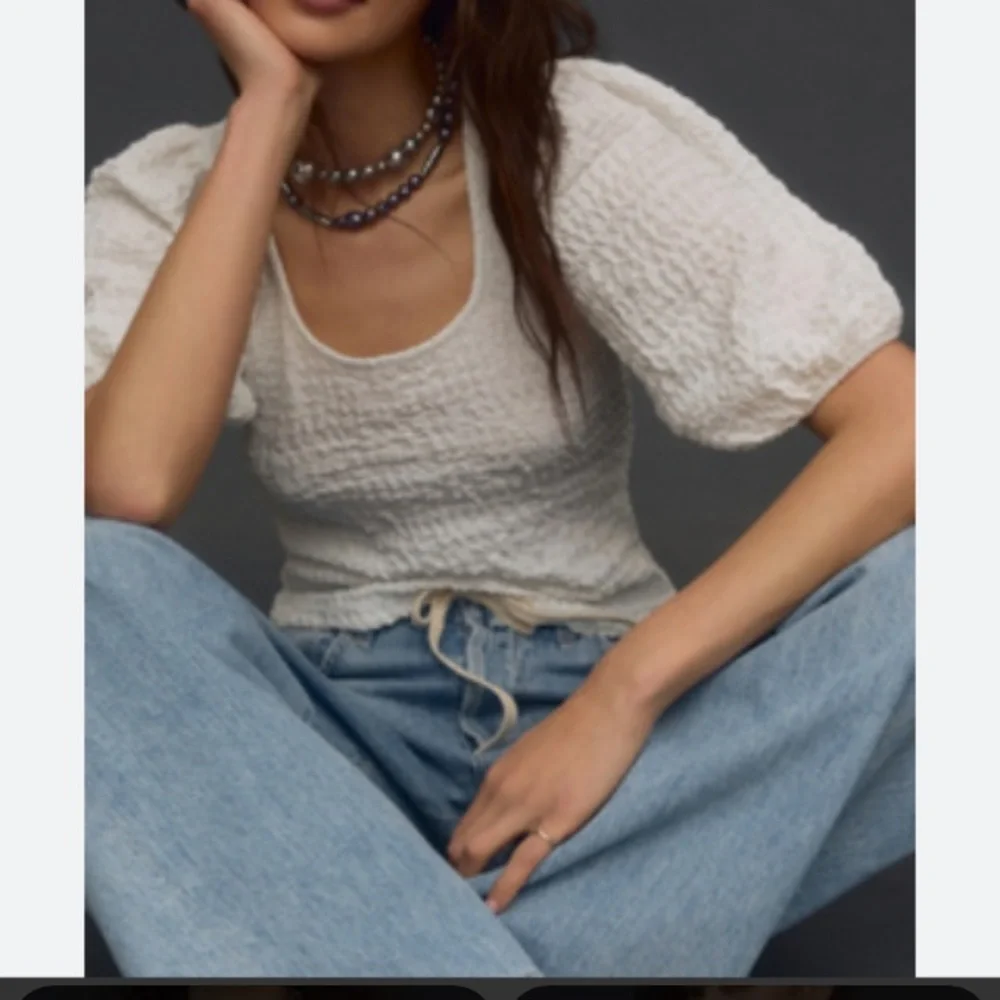 MAUVE x Anthropologie White Balloon-Sleeve Textured Top Cottagecore Resort